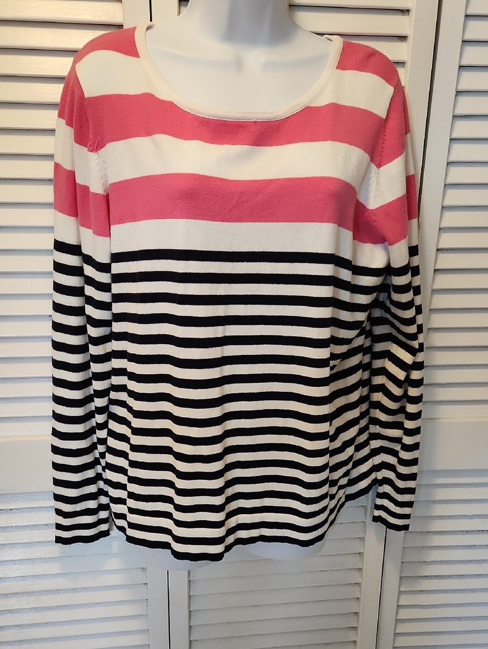 Caribbean Joe Striped Long-Sleeve Top in Pink, Black & White